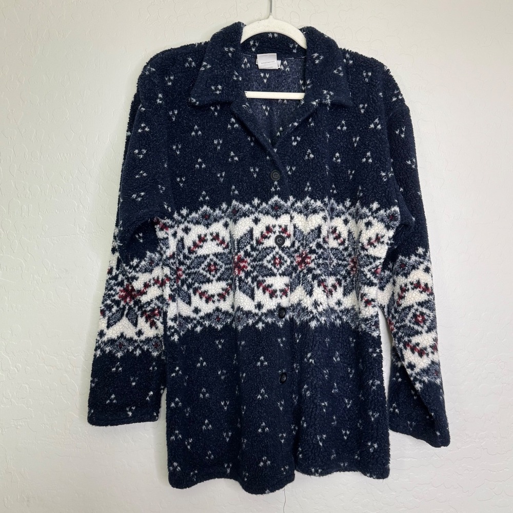 VTG Tapemeasure Womens Fleece Cardigan M Navy Fair Isle Snowflake Gorpcore